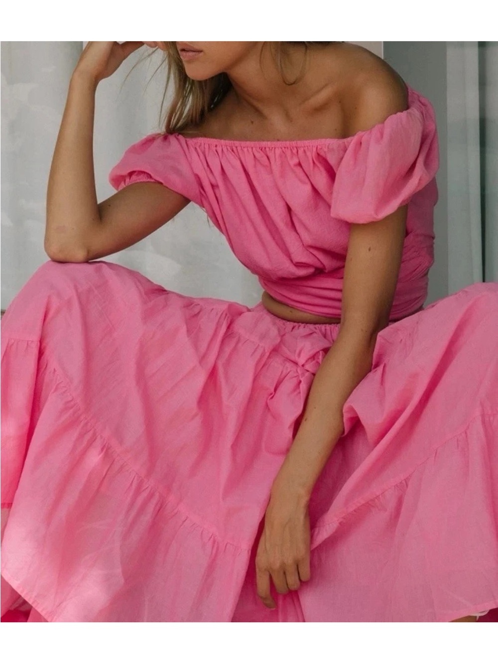 Spell Azalea Pink Tiered Maxi Skirt and Crop Top Set XS - Picture 8 of 14